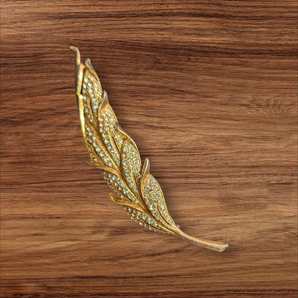 Vintage 1960s Gold Feather Brooch With Rhinestones Elegant Pin 4" Long Sparkly A